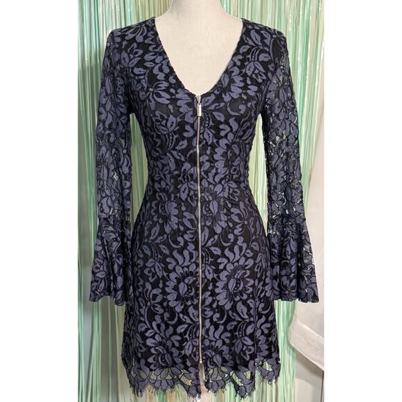 Venus Navy Blue Floral Lace Long Sleeve Dress, Front Zip, Wedding, Cocktail, 2 - Picture 1 of 9